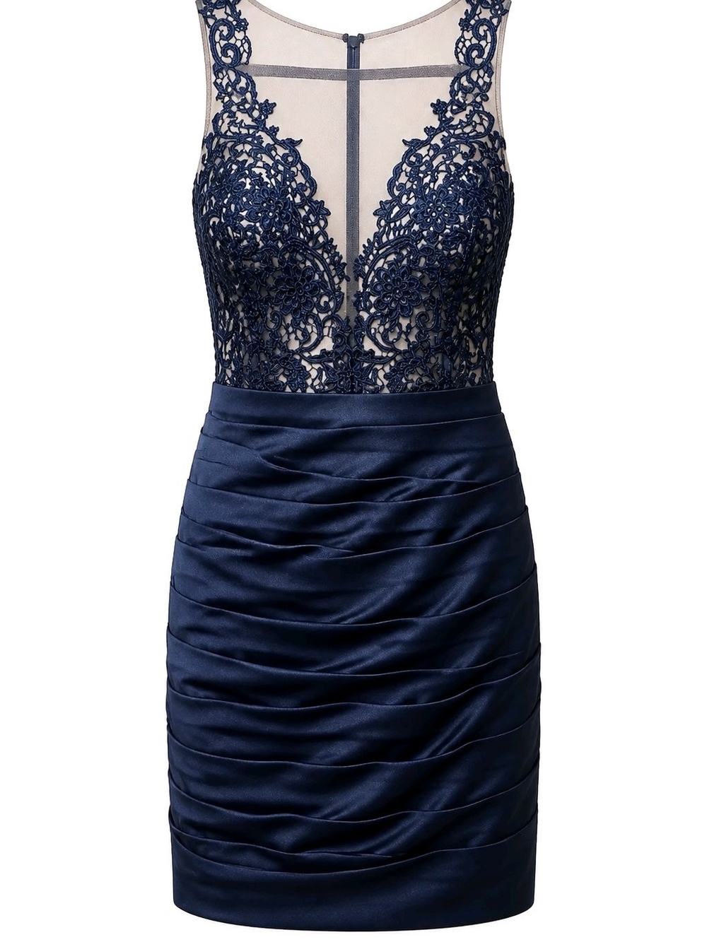 Homecoming La Femme Medium Navy Sheer Lace Bodice Ruched Satin Short Dress 1022